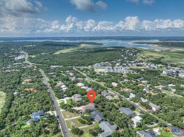 drone / aerial view with a water view