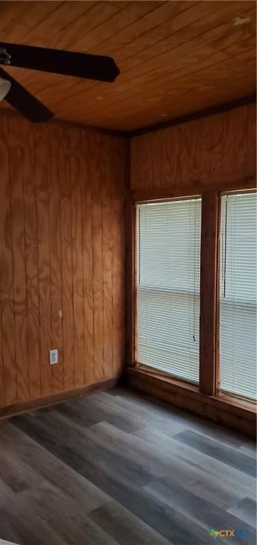 empty room with dark wood-type flooring, wooden ceiling, and wooden walls