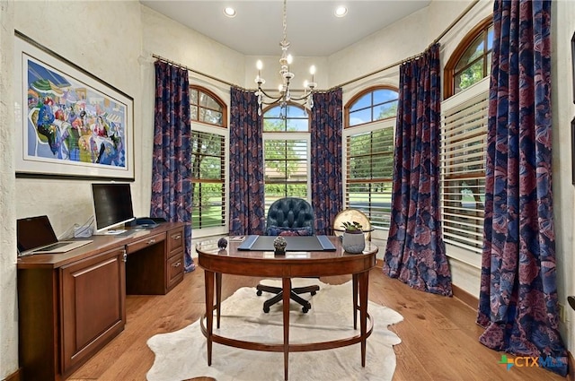 105 Flint Ridge Trl, Georgetown, TX 78628 - office featuring a chandelier, light wood-type flooring, and recessed lighting