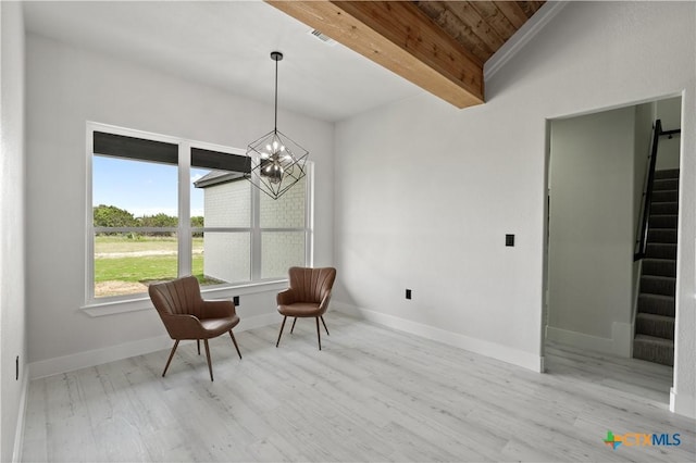 sitting room with baseboards, wood finished floors, stairway, and wooden ceiling