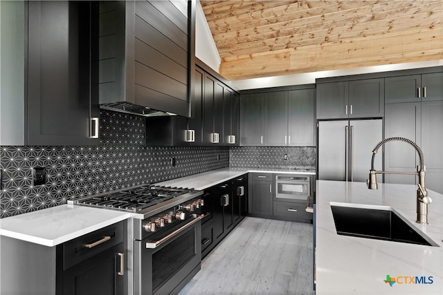 kitchen featuring decorative backsplash, high end appliances, a sink, light wood finished floors, and dark cabinets