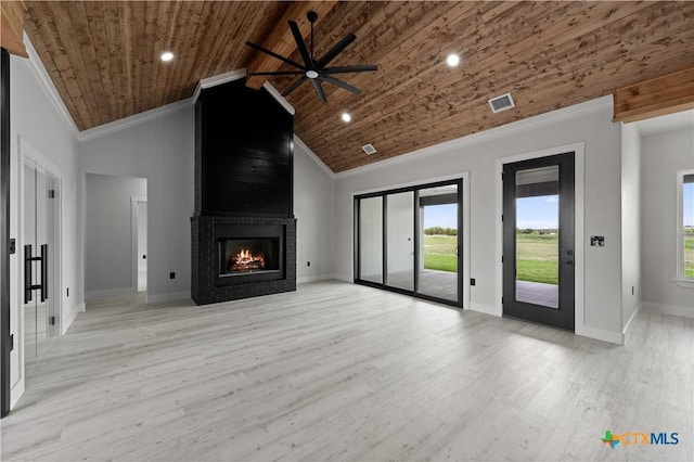 unfurnished living room with wood ceiling, ceiling fan, visible vents, light wood-style floors, and ornamental molding