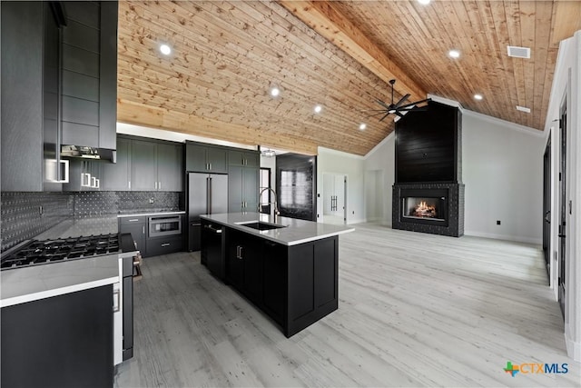 kitchen featuring ceiling fan, a sink, light wood finished floors, dark cabinetry, and stainless steel appliances