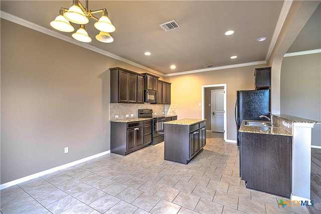 kitchen with dark brown cabinetry, sink, range with electric stovetop, kitchen peninsula, and crown molding