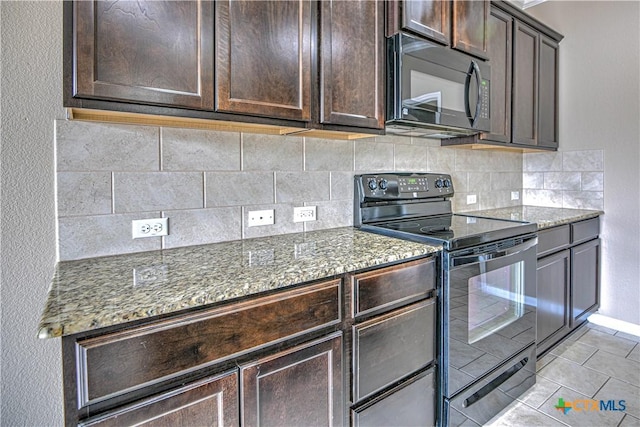 kitchen with black appliances, dark stone countertops, backsplash, and dark brown cabinets