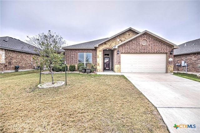 ranch-style home with a front lawn and a garage