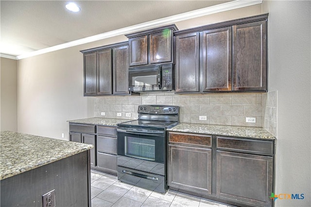 kitchen with crown molding, decorative backsplash, dark brown cabinetry, light stone countertops, and black appliances