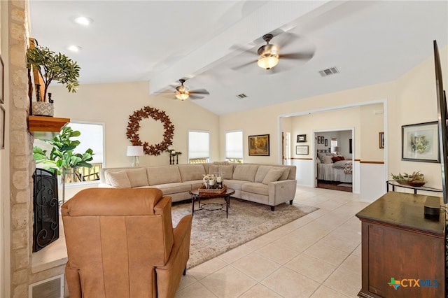 1600 Cattlemens Row, Lockhart, TX 78644 - living area featuring ceiling fan, light tile patterned floors, a large fireplace, and recessed lighting