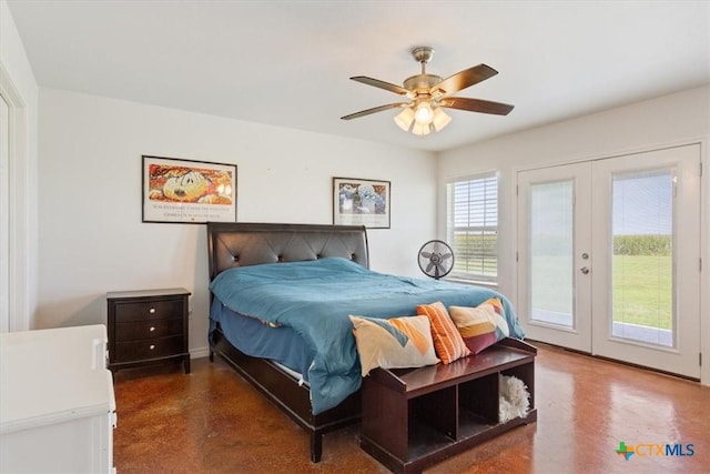 17179 Cyclone Rd, Burlington, TX 76519 - bedroom with access to exterior, french doors, finished concrete floors, and ceiling fan