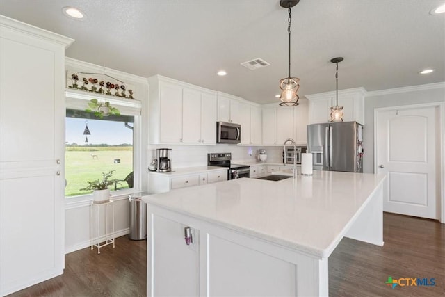 17179 Cyclone Rd, Burlington, TX 76519 - kitchen featuring appliances with stainless steel finishes, light countertops, white cabinetry, dark wood-style floors, and an island with sink