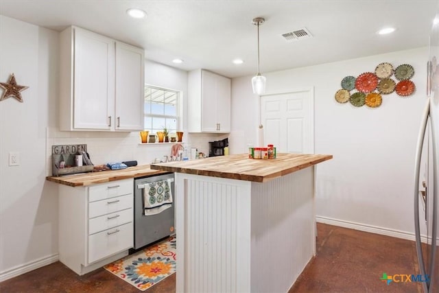 17179 Cyclone Rd, Burlington, TX 76519 - kitchen featuring butcher block counters, stainless steel dishwasher, white cabinets, and recessed lighting