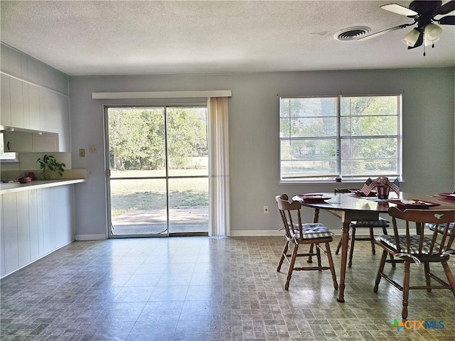 dining space featuring a wealth of natural light, ceiling fan, and a textured ceiling