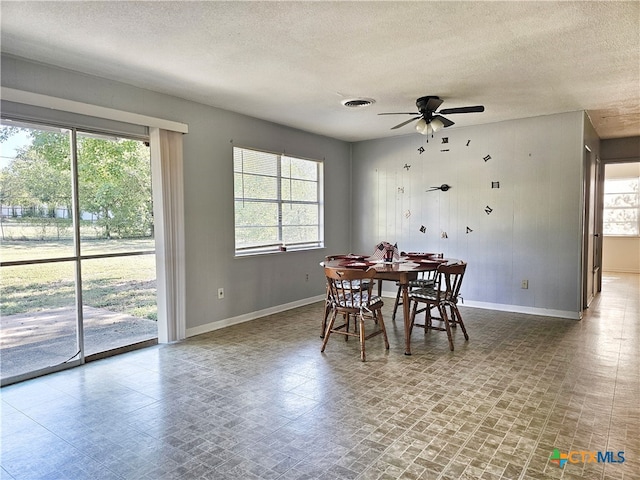 dining space featuring a wealth of natural light, ceiling fan, and a textured ceiling