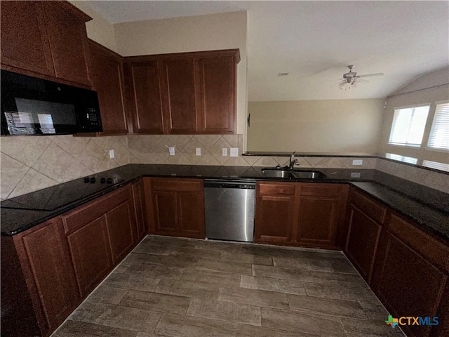 kitchen with lofted ceiling, sink, ceiling fan, backsplash, and black appliances