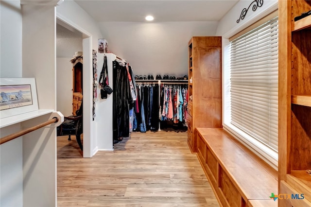 walk in closet with light hardwood / wood-style floors