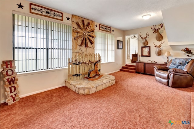 carpeted living room featuring a textured ceiling