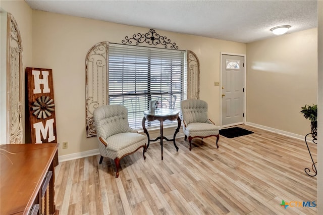 living area with a textured ceiling and light hardwood / wood-style flooring