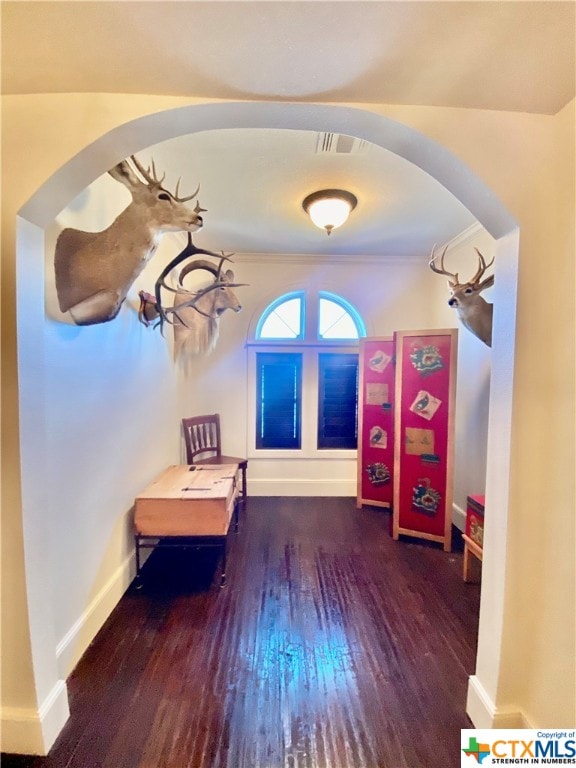 recreation room with dark wood-type flooring