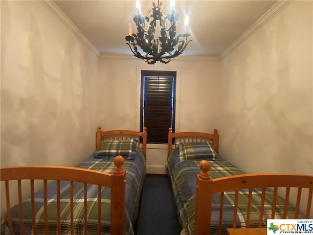 bedroom with a notable chandelier and crown molding