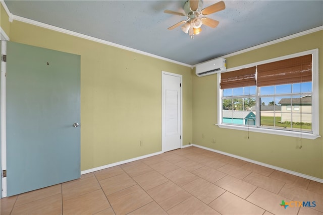 tiled spare room featuring ornamental molding, an AC wall unit, and ceiling fan