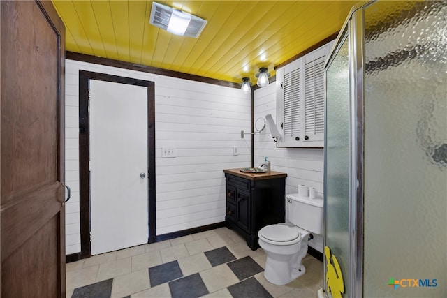 bathroom featuring wooden ceiling, walk in shower, wooden walls, and toilet