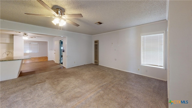 4610 Camellia St, Victoria, TX 77904 - empty room with carpet, a textured ceiling, crown molding, and ceiling fan
