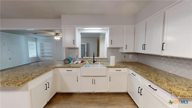 4610 Camellia St, Victoria, TX 77904 - kitchen with light wood-type flooring, ceiling fan, white cabinets, decorative backsplash, and light stone counters