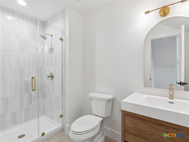 full bathroom with toilet, baseboards, recessed lighting, a shower stall, and vanity