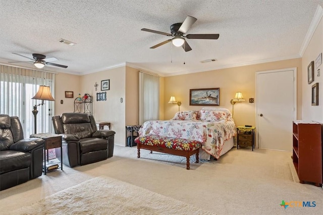 910 Mill Creek Dr, Salado, TX 76571 - bedroom featuring crown molding, carpet flooring, a textured ceiling, and a ceiling fan
