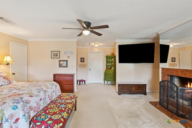 910 Mill Creek Dr, Salado, TX 76571 - carpeted bedroom featuring ornamental molding, a fireplace with flush hearth, and ceiling fan