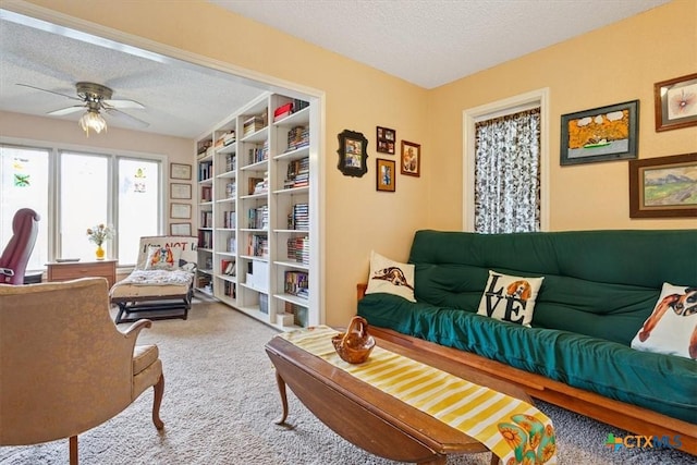 910 Mill Creek Dr, Salado, TX 76571 - living room featuring a textured ceiling, carpet floors, and ceiling fan