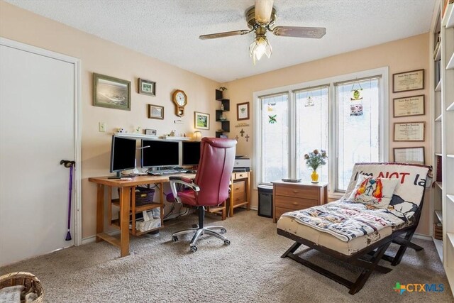 910 Mill Creek Dr, Salado, TX 76571 - office area with light colored carpet, ceiling fan, and a textured ceiling