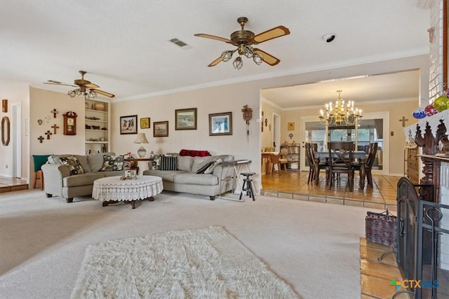 910 Mill Creek Dr, Salado, TX 76571 - carpeted living area with ceiling fan, a chandelier, and ornamental molding
