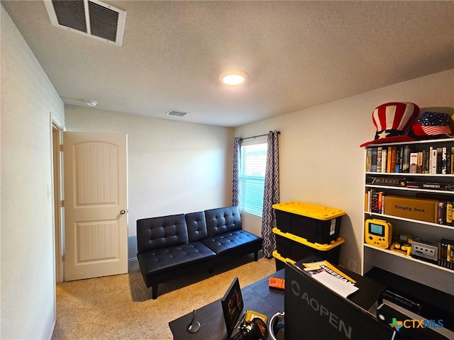 interior space featuring carpet floors and a textured ceiling