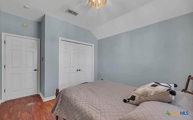 bedroom featuring dark wood-type flooring, a closet, and vaulted ceiling