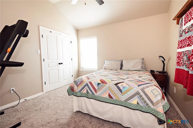 carpeted bedroom with a ceiling fan, baseboards, and vaulted ceiling