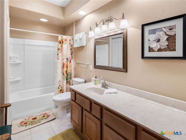 full bathroom featuring vanity, shower / bath combo, tile patterned floors, and toilet