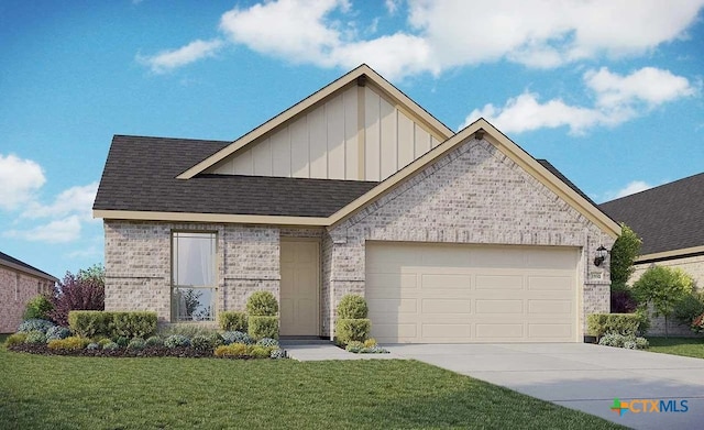 view of front of home featuring a garage, brick siding, board and batten siding, and concrete driveway