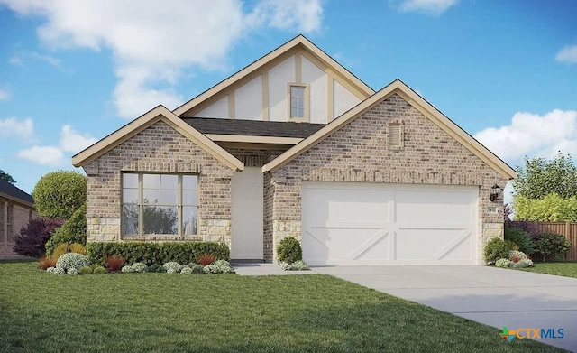 view of front facade featuring brick siding, concrete driveway, a front yard, stone siding, and an attached garage