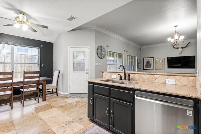 2903 Tucson Dr, Killeen, TX 76543 - kitchen featuring stainless steel dishwasher, a sink, a chandelier, healthy amount of natural light, and crown molding