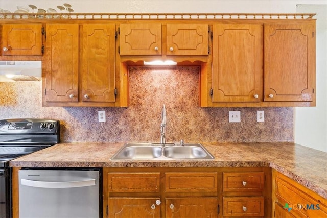 kitchen with dishwasher, backsplash, exhaust hood, sink, and range