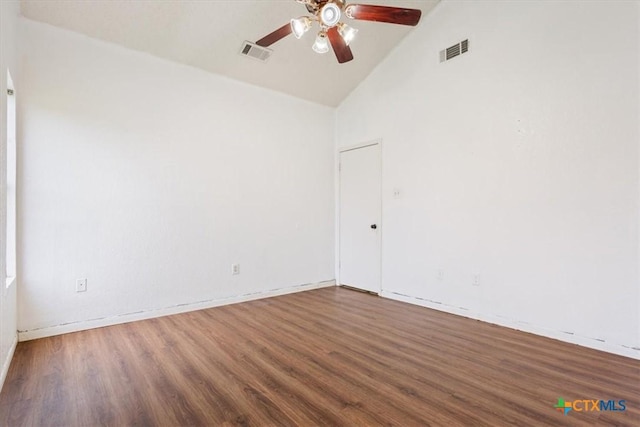 unfurnished room featuring hardwood / wood-style flooring, high vaulted ceiling, and ceiling fan