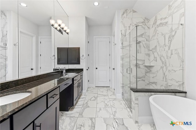 4201 Arques Ave, Round Rock, TX 78681 - bathroom with marble look tile flooring, a marble finish shower, a soaking tub, double vanity, and recessed lighting