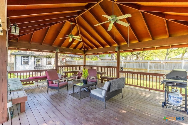 4010 Halfway Cv, Round Rock, TX 78681 - deck featuring a gazebo, an outdoor living space, a fenced backyard, grilling area, and ceiling fan