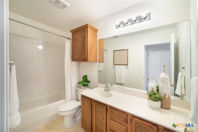 full bathroom featuring vanity, toilet, and shower / bathtub combination with curtain