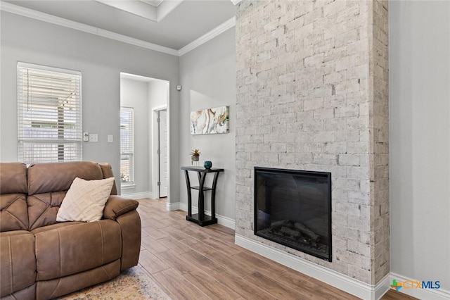 living room featuring a stone fireplace, baseboards, wood finished floors, and ornamental molding