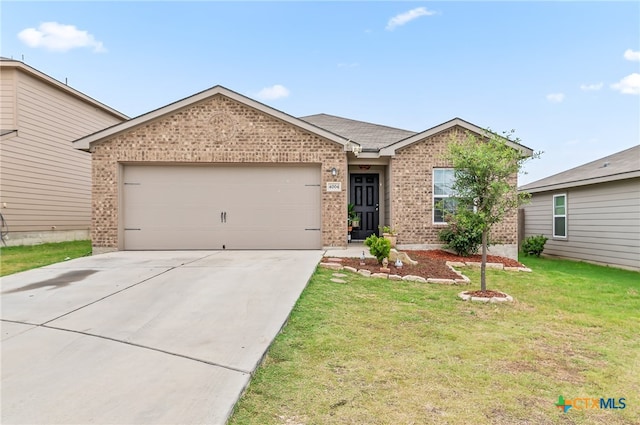 ranch-style home with a front yard and a garage