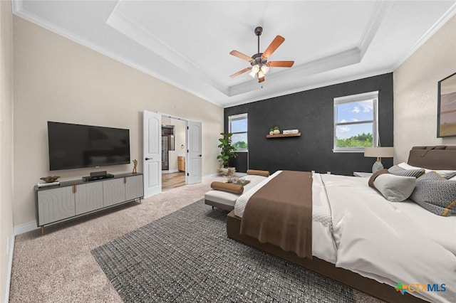 1117 Myrtle Dr, Copperas Cove, TX 76522 - carpeted bedroom with a tray ceiling, crown molding, and a ceiling fan