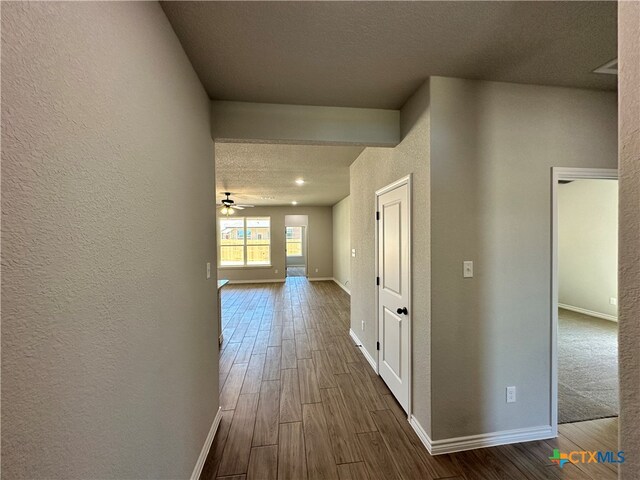 corridor featuring dark wood-type flooring and a textured ceiling