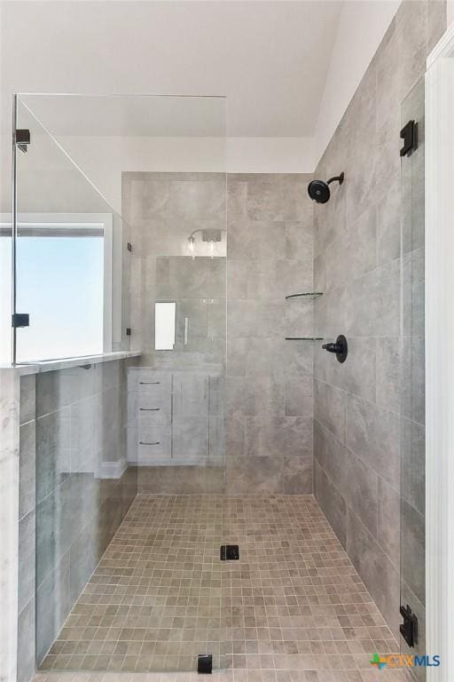 bathroom featuring a shower with shower door